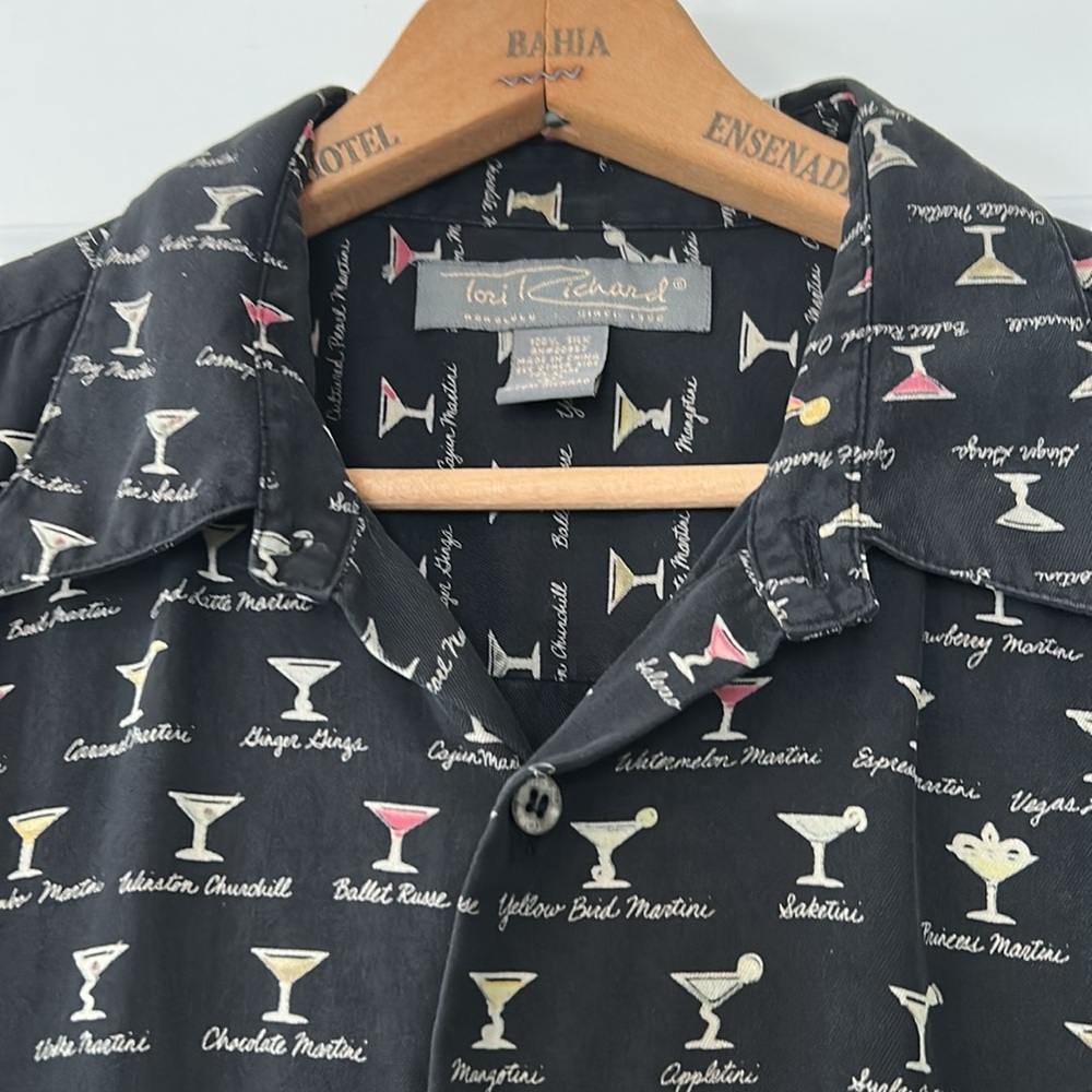 Tori Richard Martini Cocktail Print Hawaiian Shirt Black Washable Silk Size XL